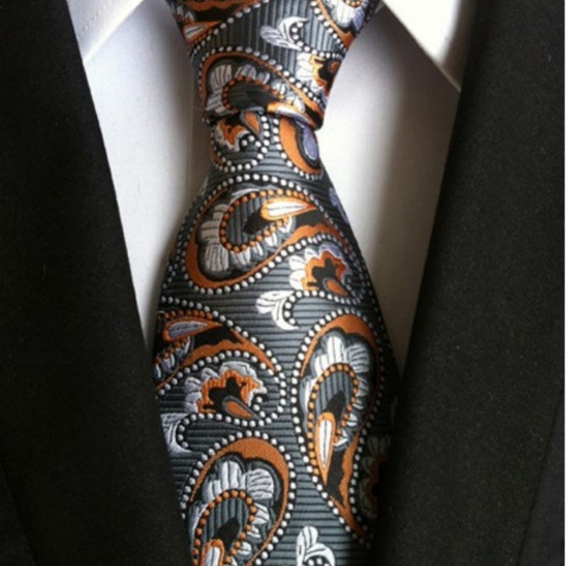 Grey and Orange Striped Paisley Necktie