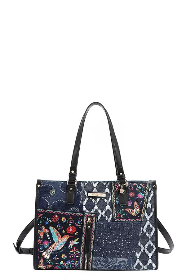 Nicole Lee USA Bosque de Amor Denim Patchwork Tote Bag with shoulder strap