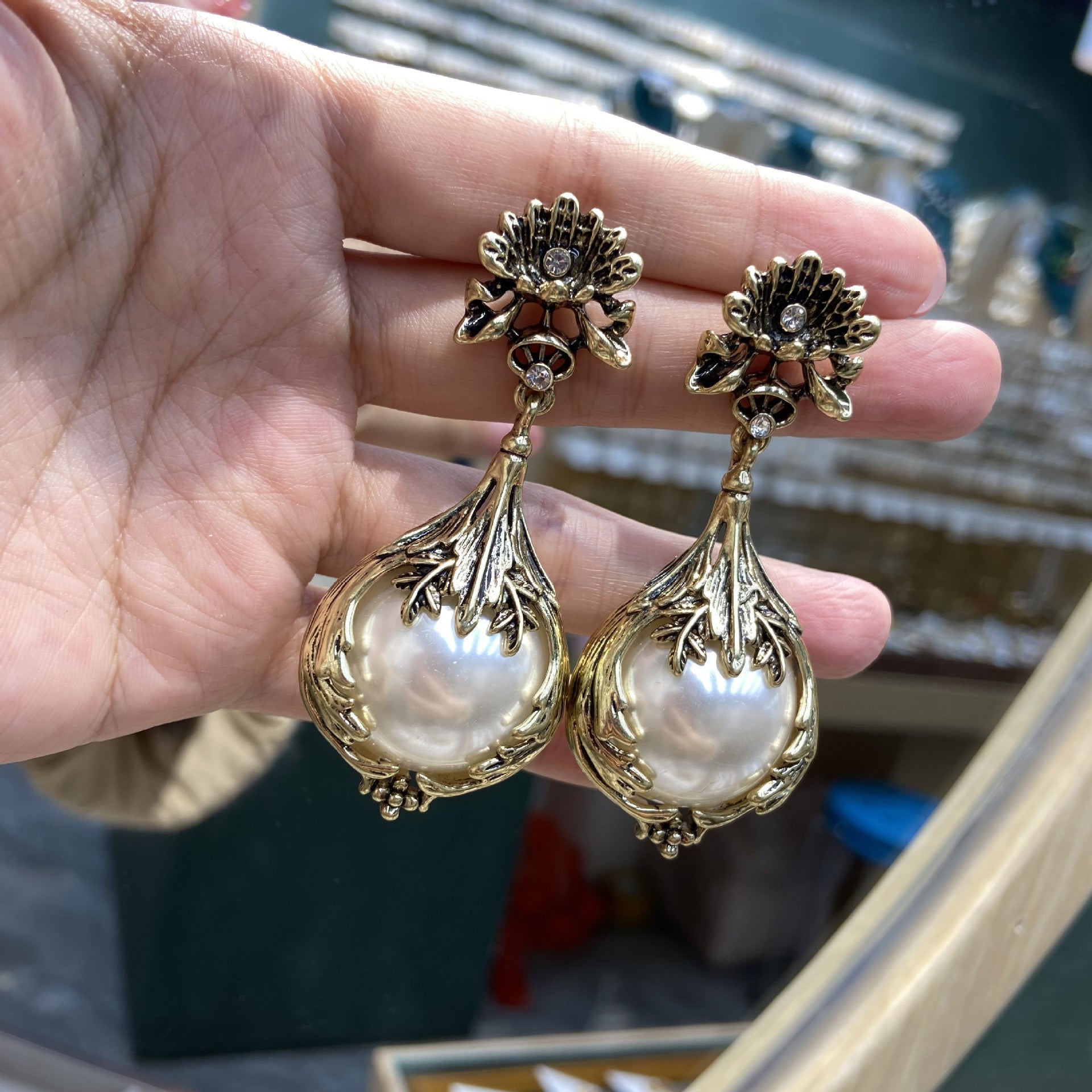 Mid-ancient Vintage Baroque Pearl Rose Earrings