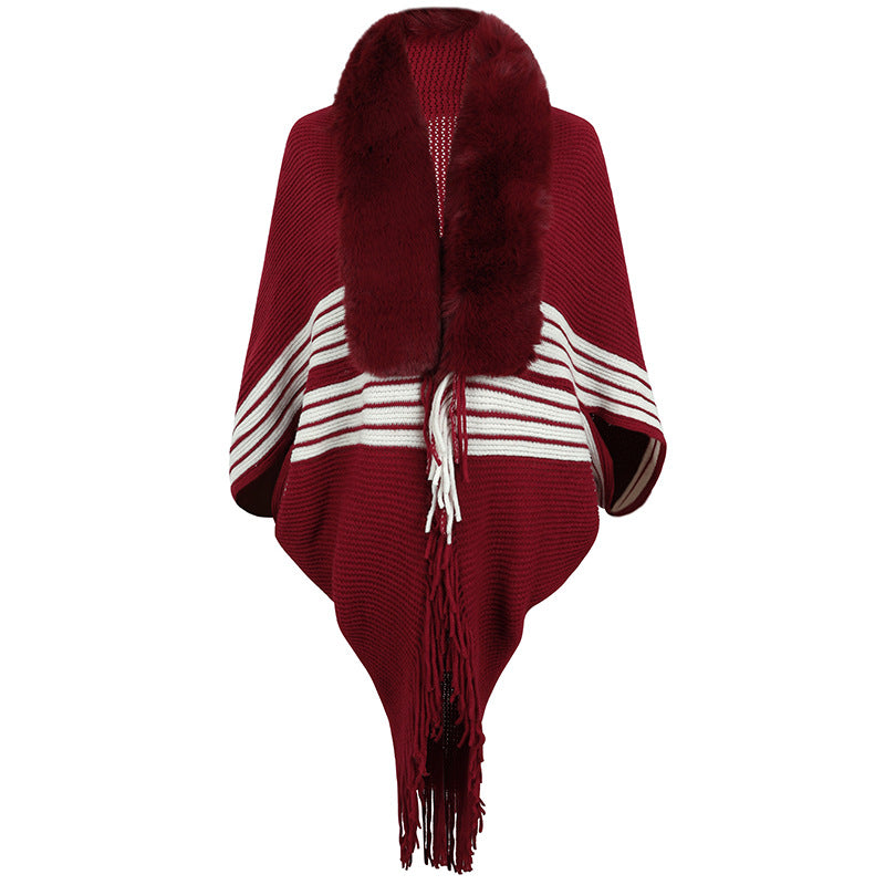 Women's Striped Red Fur Collar Cape