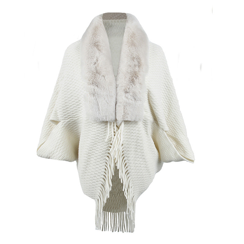 White Fur Collar Knitted Fringe Sweater