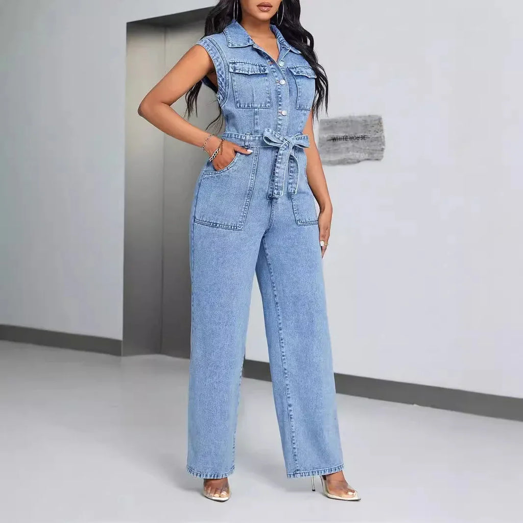 Sleeveless Denim Tie Waist Jumpsuit Bazaare Mart Denim Overalls