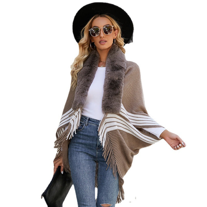 Women's Striped Fur Collar Sweater - Bazaare Mart