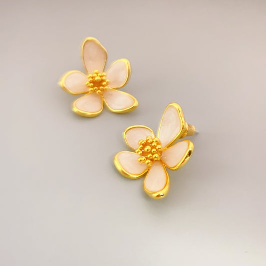 White and Gold Plated Flower Ear Studs For Women