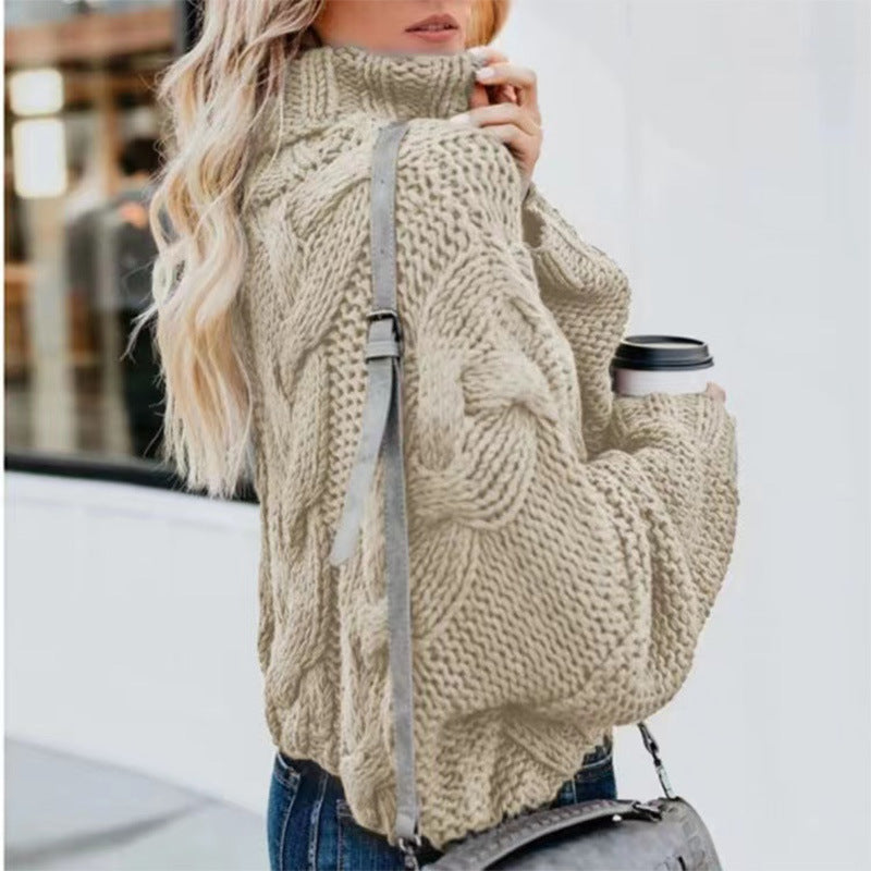 Women's Oversize Drop Shoulder Cable Knit Turtleneck Sweater