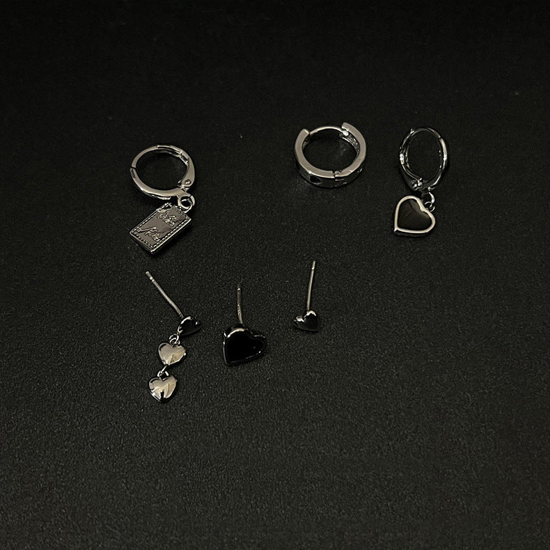 Silver and Black Single Heart Earring Set