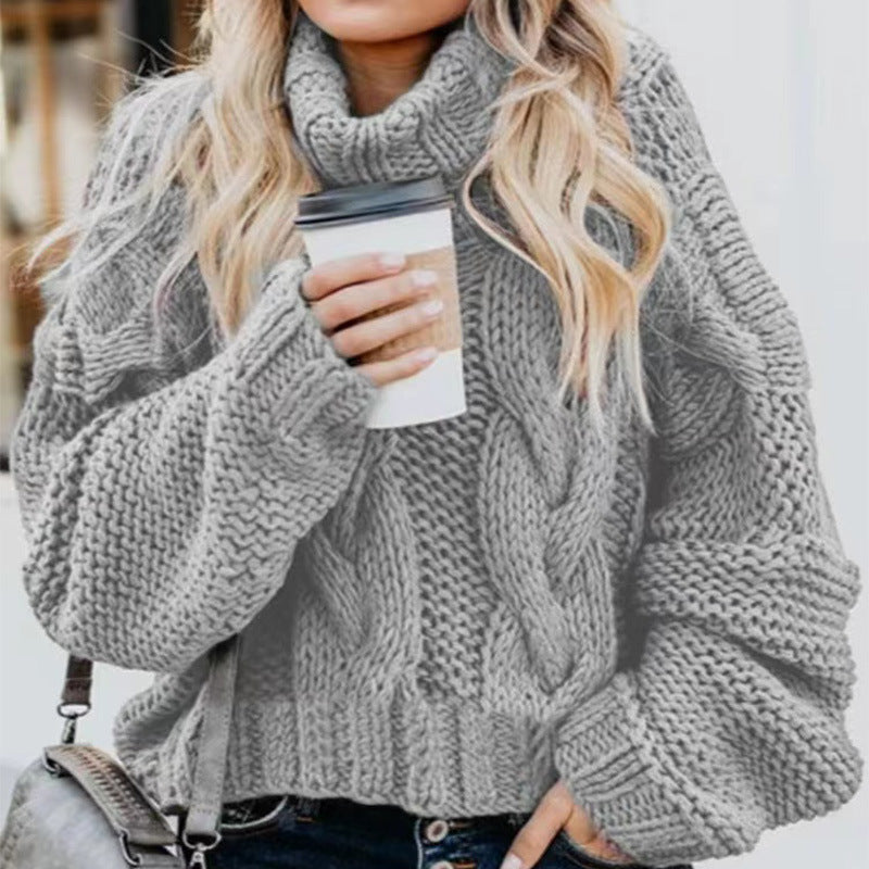 Women's Oversize Drop Shoulder Cable Knit Turtleneck Sweater