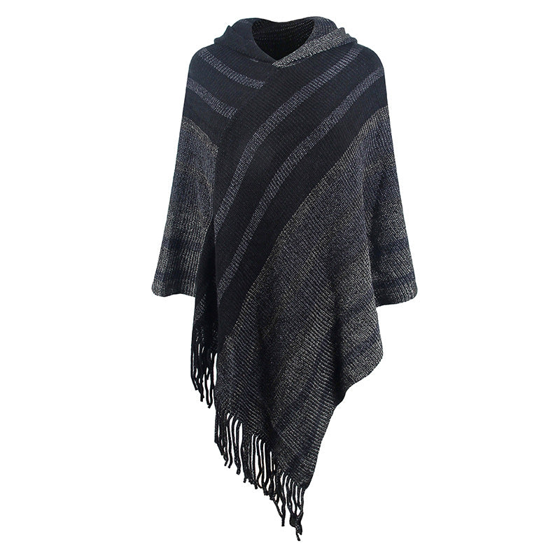 Black Striped Knit Fringe Poncho