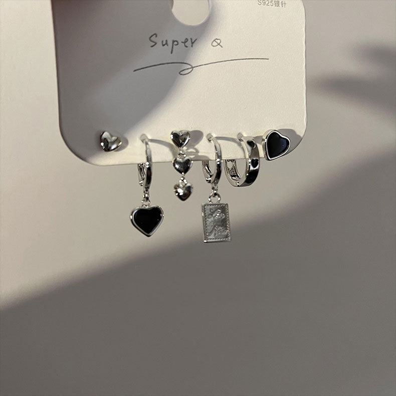 Silver and Black Single Heart Earring Set