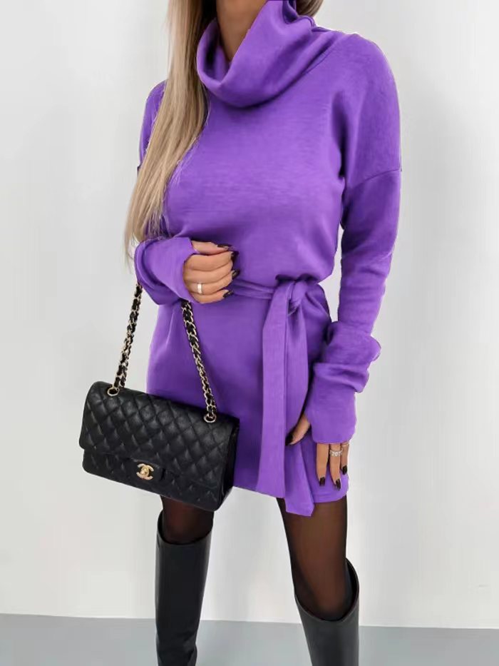 Cowl Neck Long Sleeve Sash Tie Sweater Dress