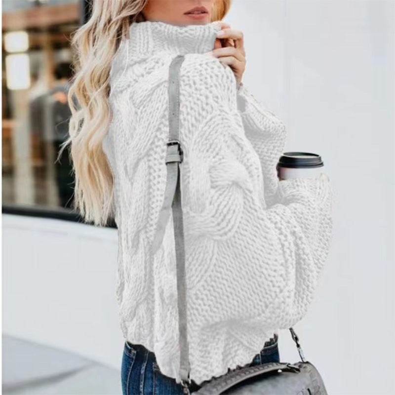 Women's Oversize Drop Shoulder Cable Knit Turtleneck Sweater