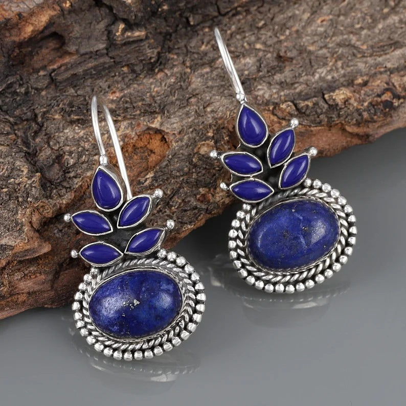 Retro Oval Leaf Pattern Purple Stone Earrings