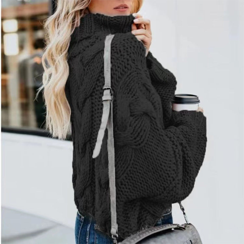Women's Oversize Drop Shoulder Cable Knit Turtleneck Sweater