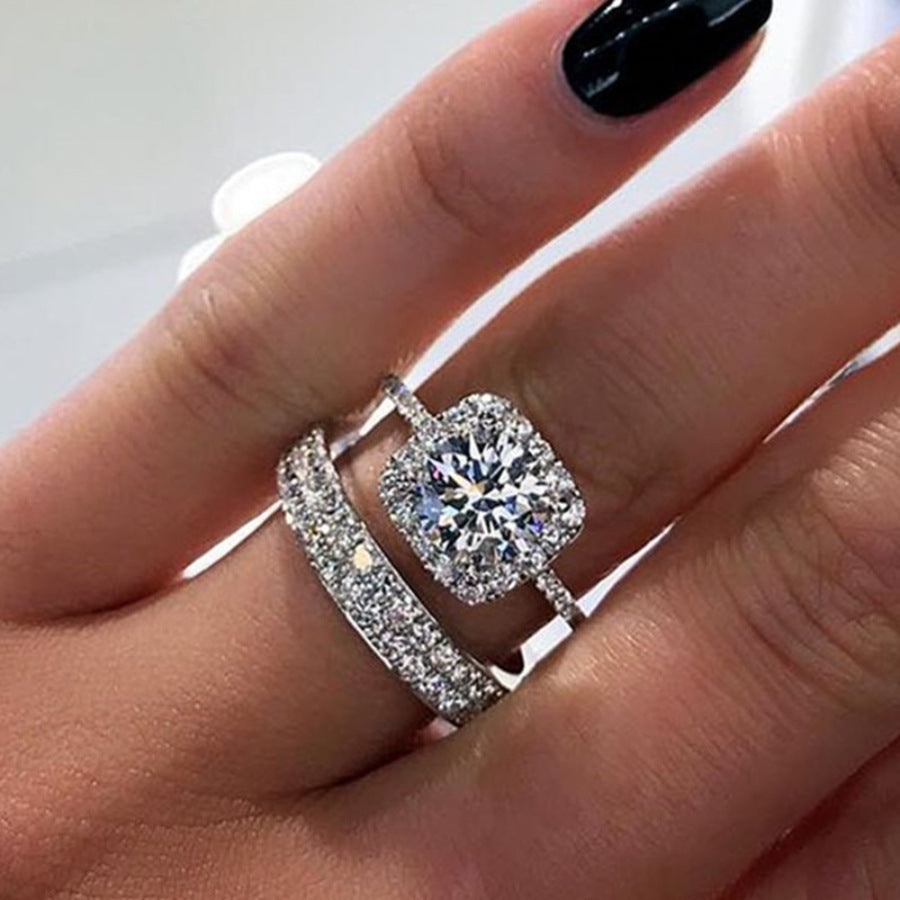 Zircon Solitaire and Wedding Band Ring Set