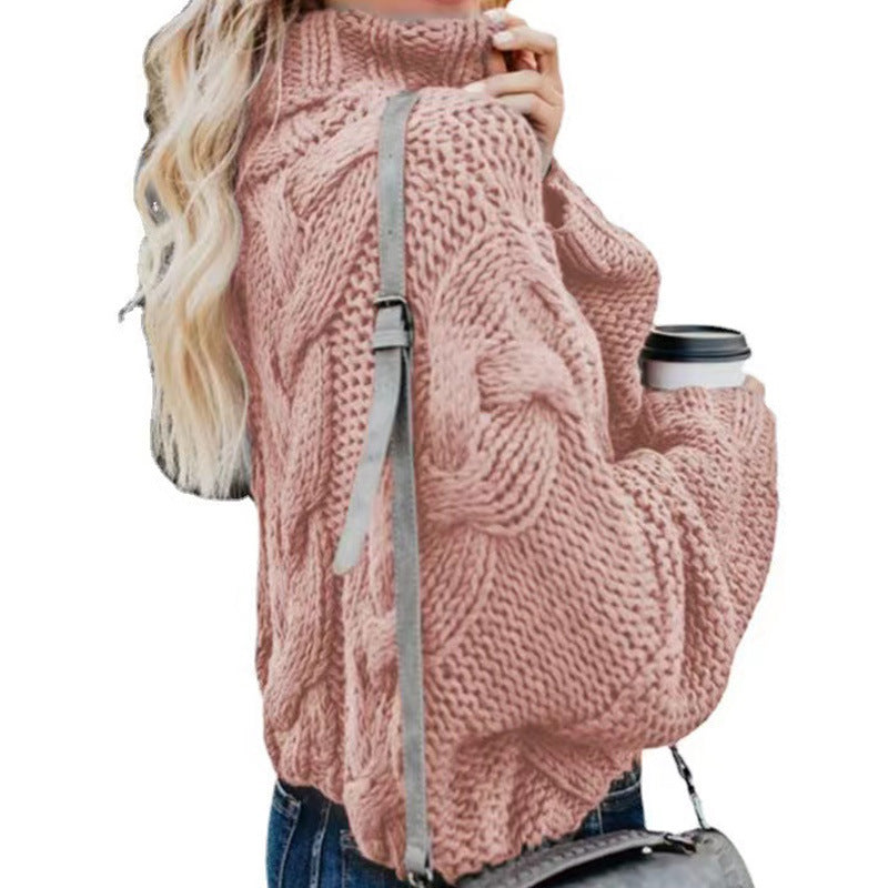 Women's Oversize Drop Shoulder Cable Knit Turtleneck Sweater