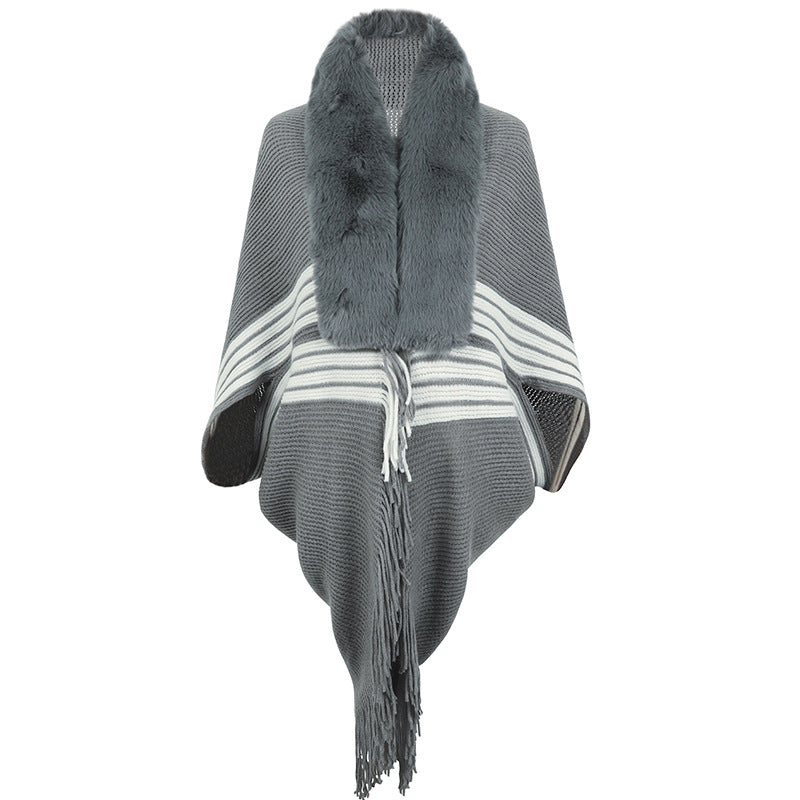 Women's Striped Grey Fur Collar Cape