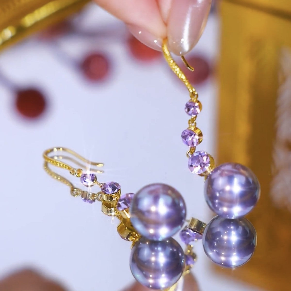 Purple Pearl Rhinestone Dangle Earrings