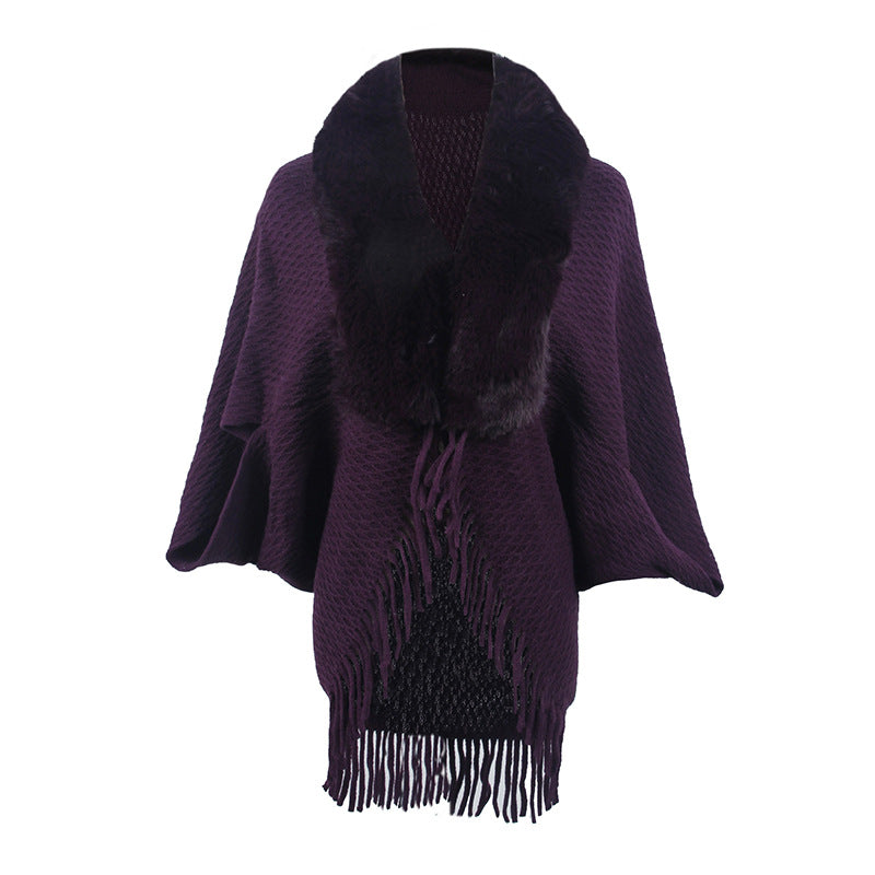 Purple Fur Collar Knitted Fringe Sweater