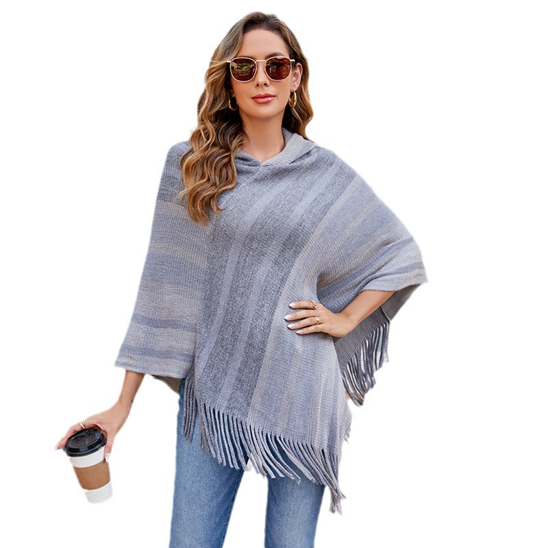 Striped Knit Fringe Poncho - Bazaare Mart