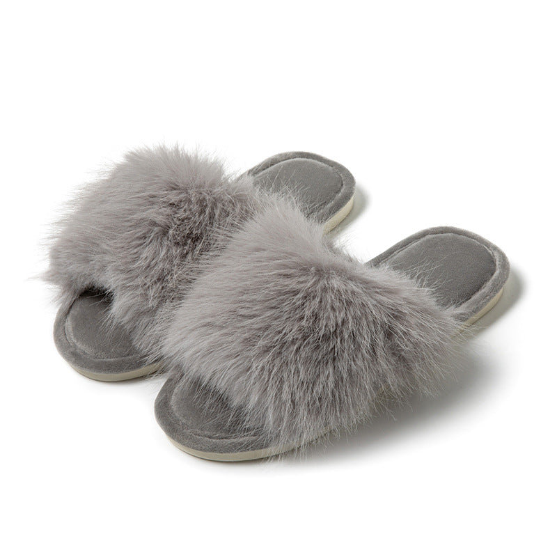 Gray Fuzzy Open Toe Women's Slippers