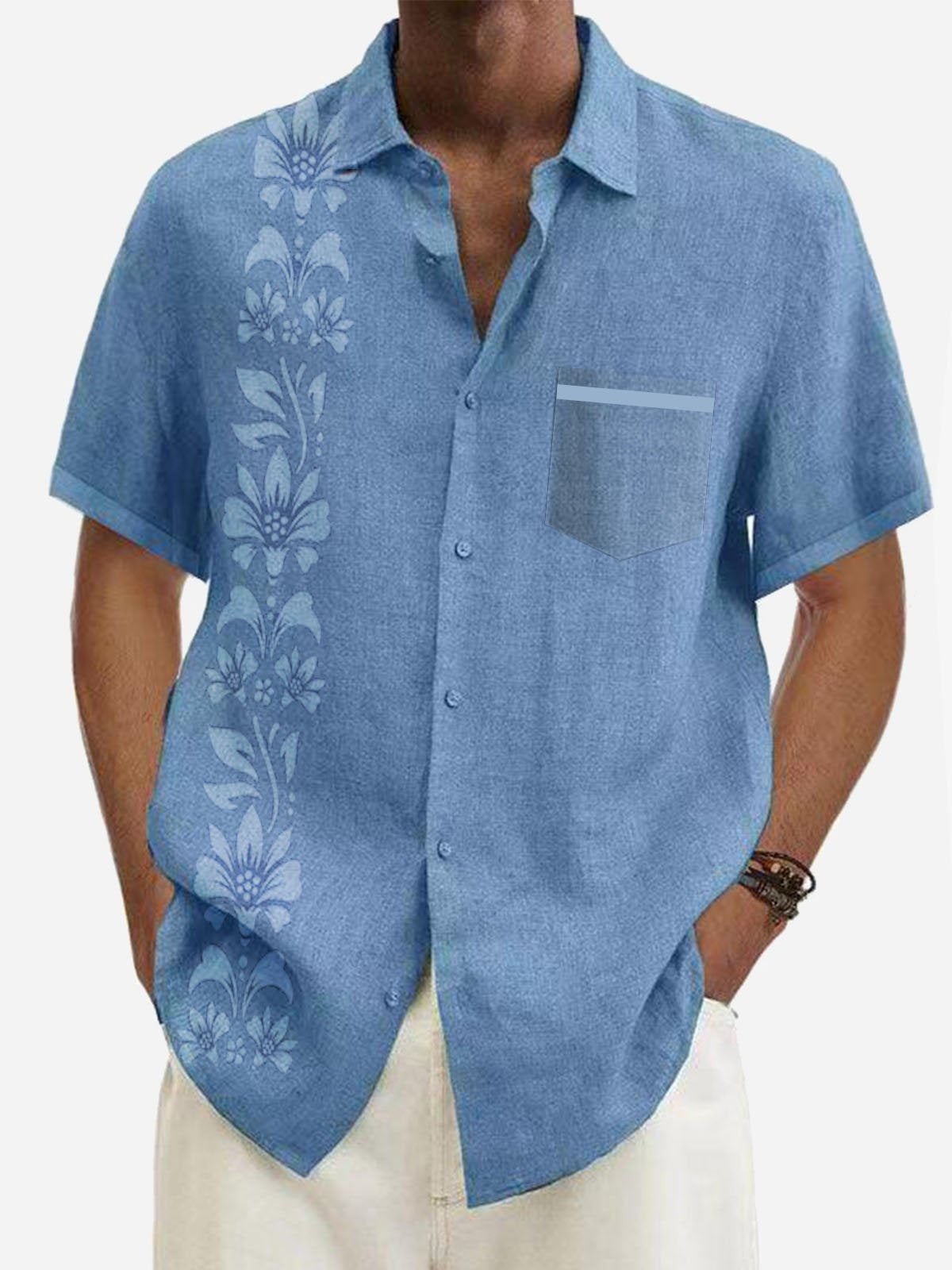 Polyester Print Men's Short Sleeve Button Up Shirt