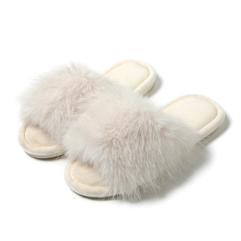 White Fuzzy Open Toe Women's Slippers 