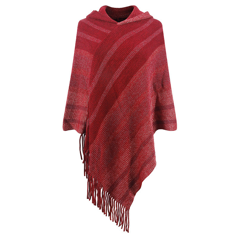 Red Striped Knit Fringe Poncho