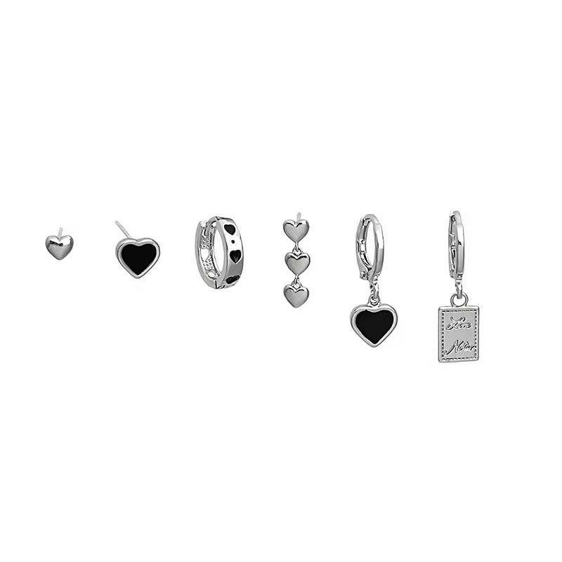 Silver and Black Single Heart Earring Set