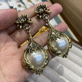 Mid-ancient Vintage Baroque Pearl Rose Earrings Brass Distressed Earrings Bazaare Mart Vintage Pearl Drop Earrings