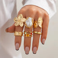 French Baroque Adjustable 6 Ring Set MY Light Gold 5539 Bazaare Mart Pearl Cocktail Ring