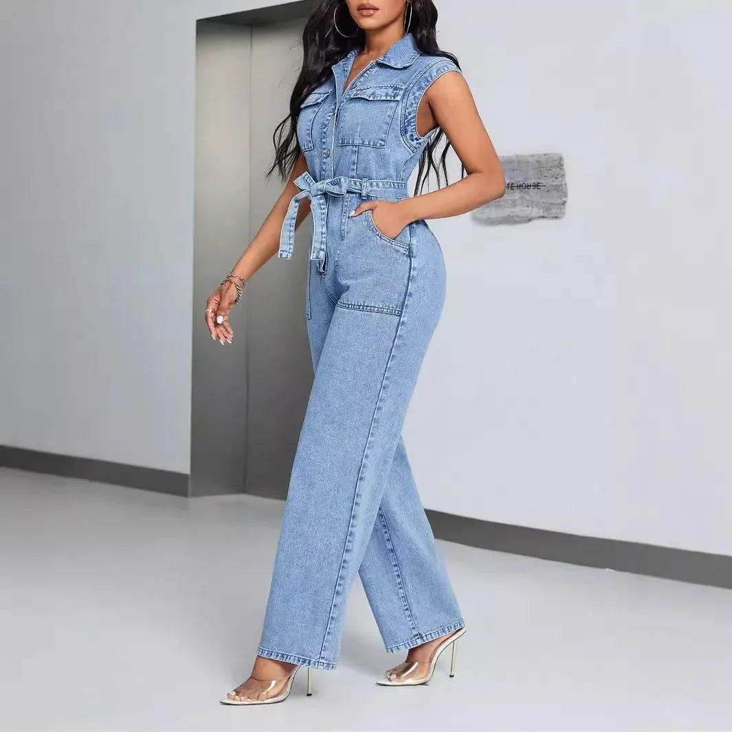 Sleeveless Denim Tie Waist Jumpsuit Bazaare Mart Denim Overalls