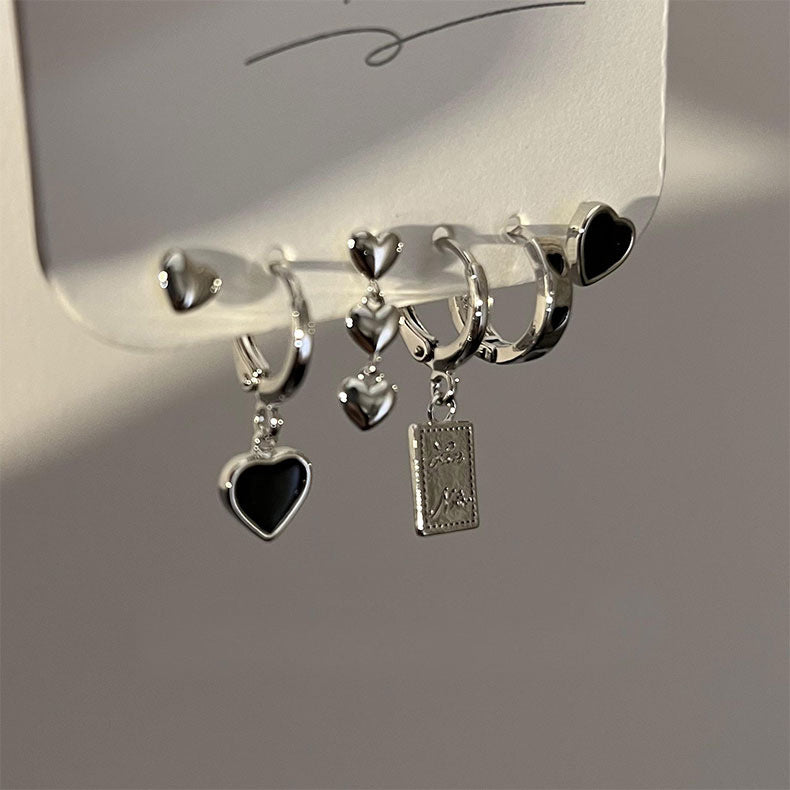 Silver and Black Single Heart Earring Set