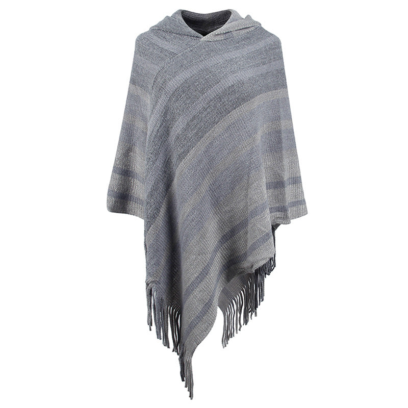 Striped Knit Fringe Poncho - Bazaare Mart