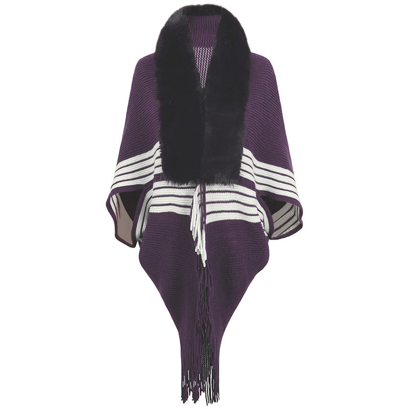 Women's Striped Purple Fur Collar Cape