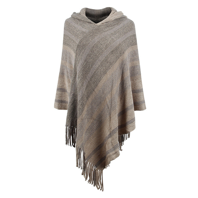 Khaki Striped Knit Fringe Poncho