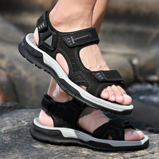 Black Cowhide Velcro Sandals