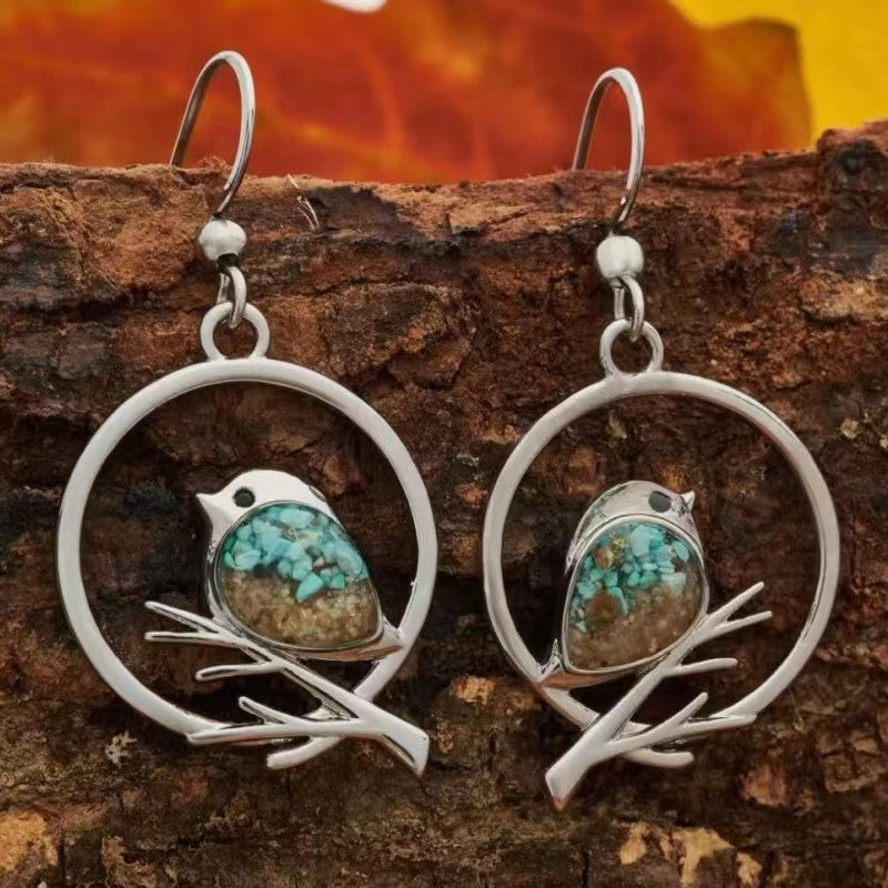 Blue Bird on a Branch Earrings