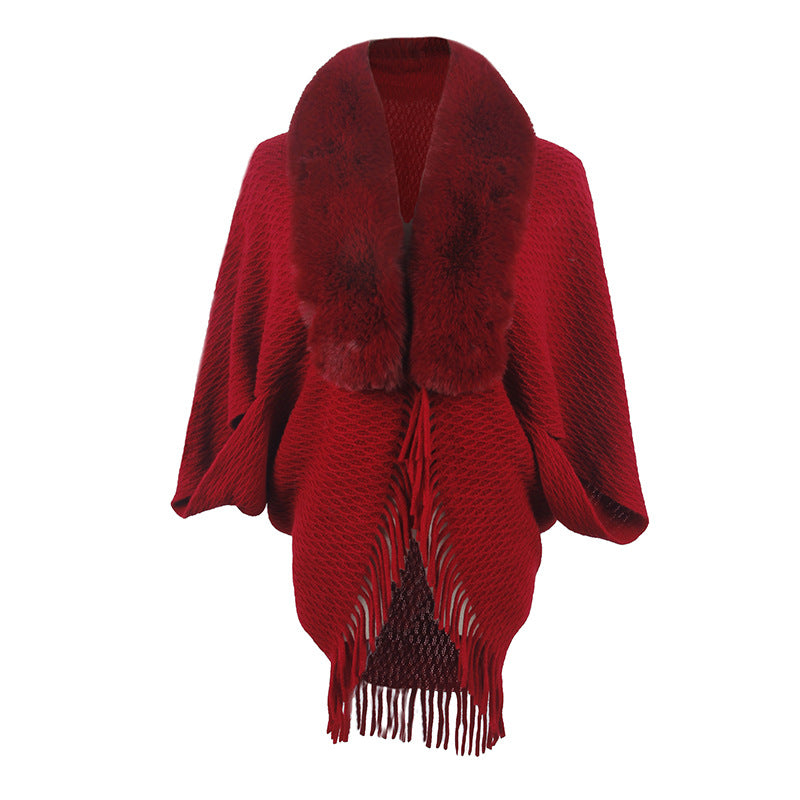 Red Fur Collar Knitted Fringe Sweater