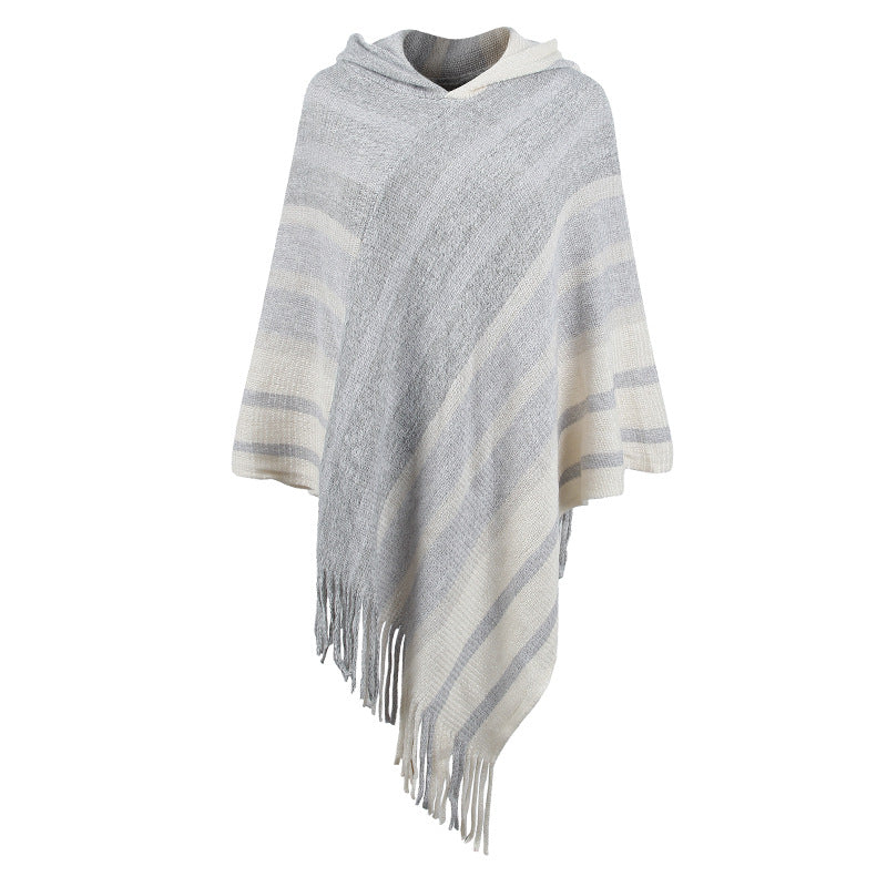 Striped Knit Fringe Poncho - Bazaare Mart
