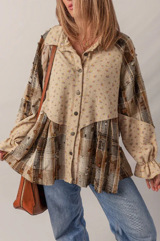Oatmeal Corduroy Boho Floral Plaid Patchwork Distressed Detail Ruffled Sleeve Blouse Oatmeal 100%Polyester Bazaare Mart Blouses