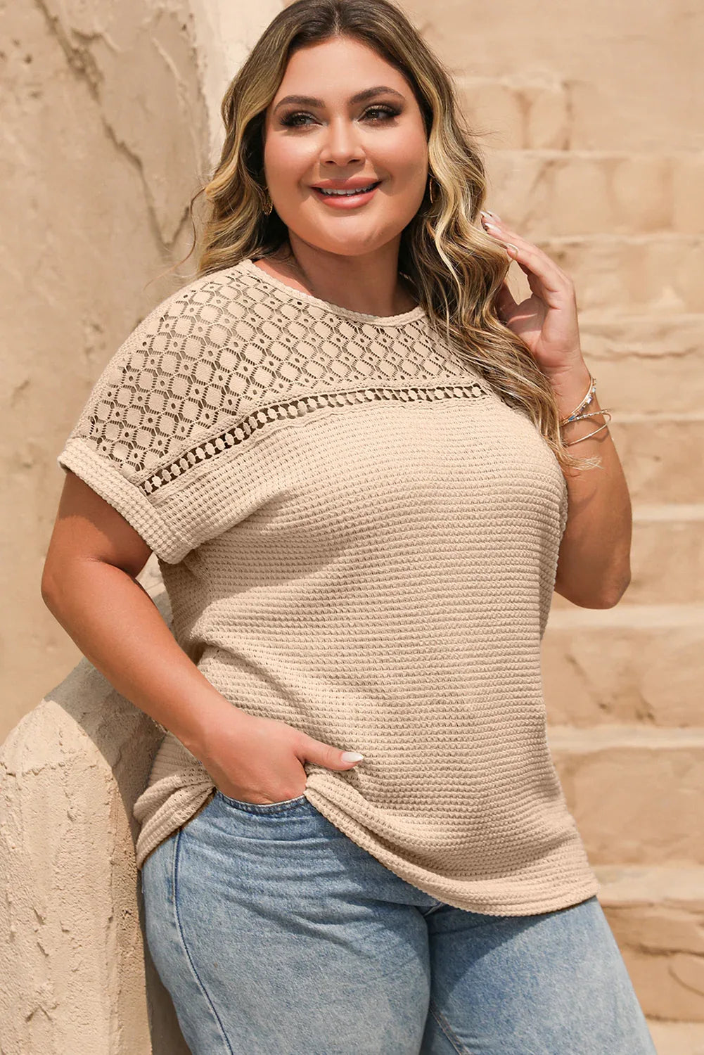Oatmeal Lace Patchwork Short Sleeve Top Bazaare Mart Plus Size/Plus Size Tops/Plus Size Tops & Tees