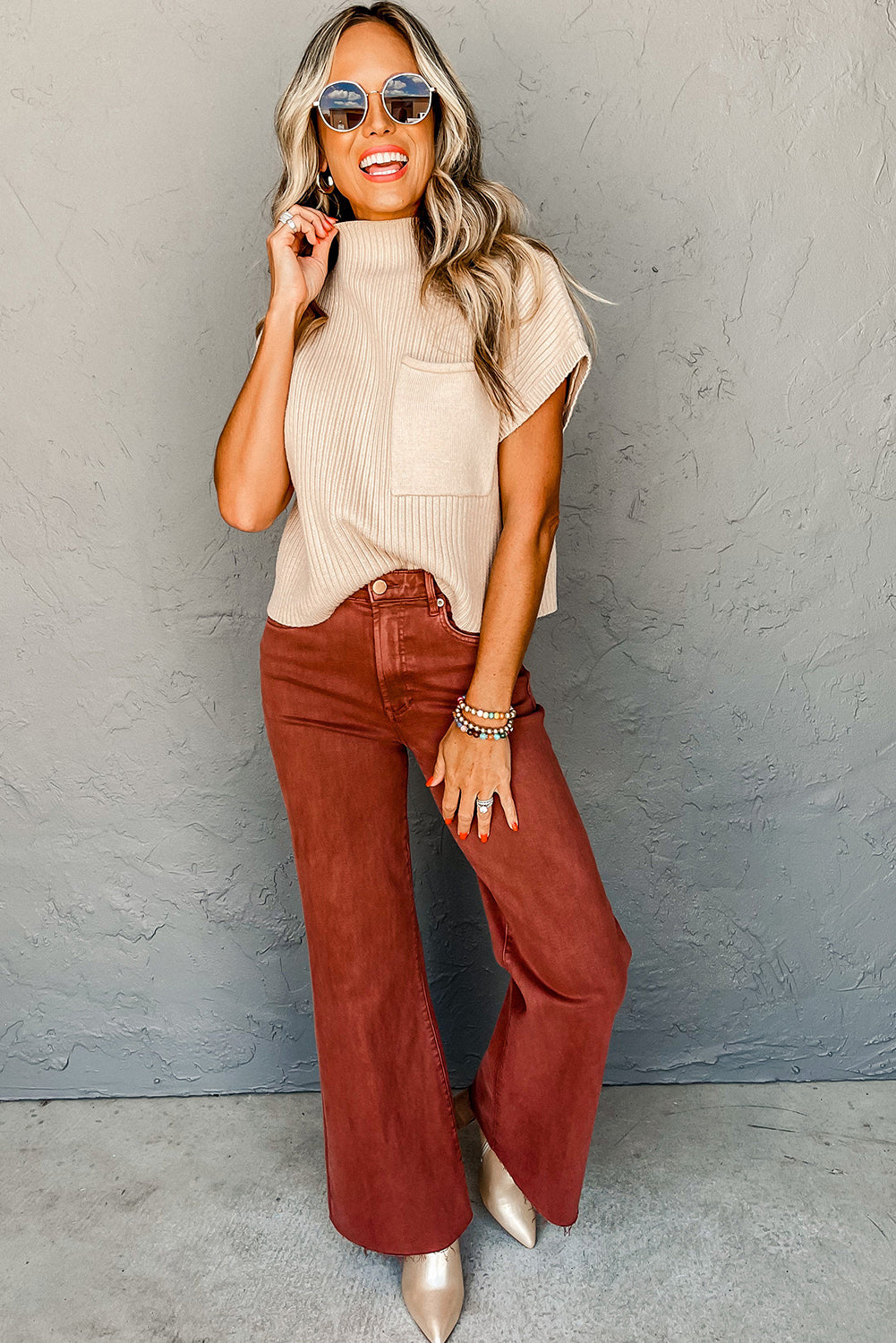 Oatmeal Turtle Neck Patch Pocket Ribbed Knit Short Sleeve Sweater