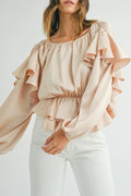 Oatmeal Ruffled Peplum Blouse Oatmeal 90%Polyester+10%Elastane Bazaare Mart Tops/Blouses & Shirts
