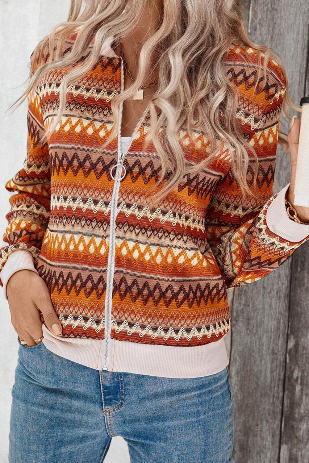 Orange Boho Striped Zip Up Jacket