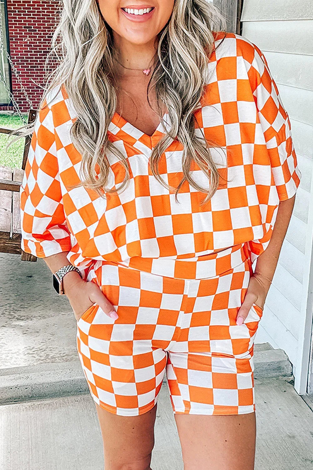 Orange Checkerboard Print V Neck Loose Tee and Shorts Lounge Set Orange 95%Polyester+5%Elastane Dear-Lover Dropshipping Loungewear & Sleepwear/Loungewear