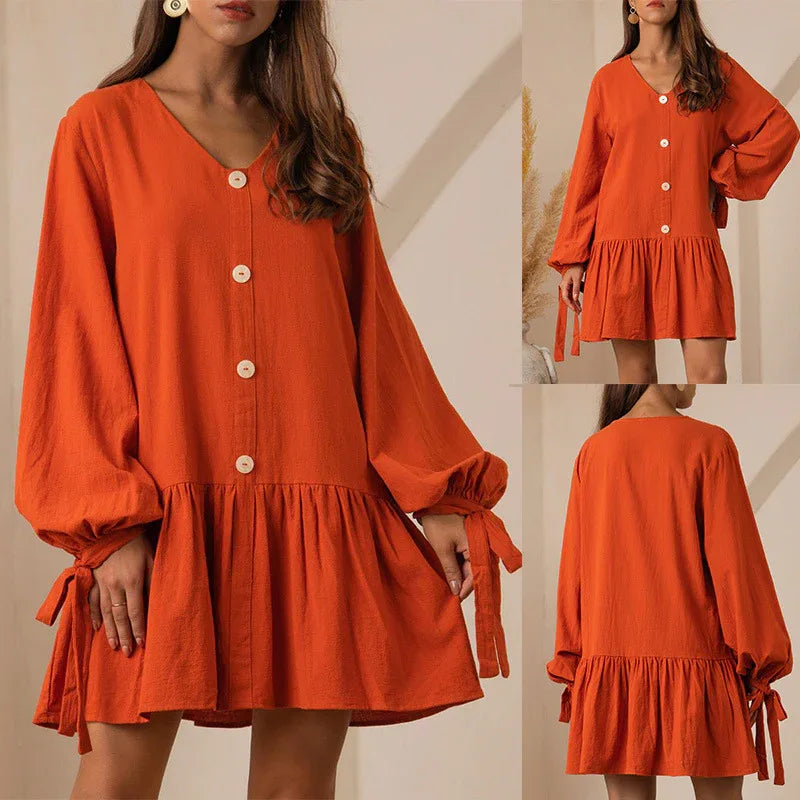 Orange V Neck Puff Sleeve Ruffle Mini Dress Bazaare Mart Long Sleeve Mini Dress