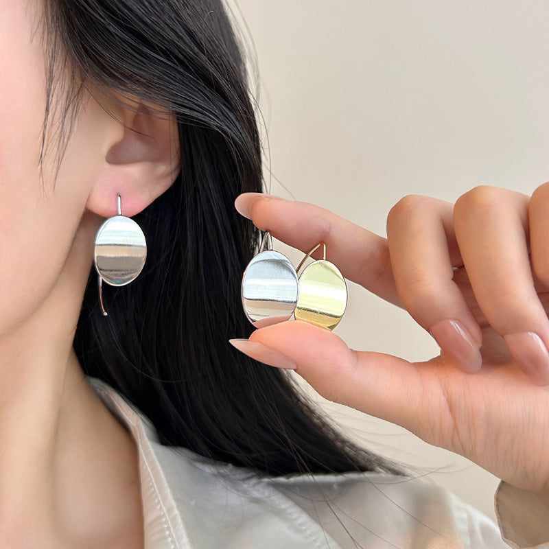 Silver or Gold Oval Mirrored Long Hook Earrings