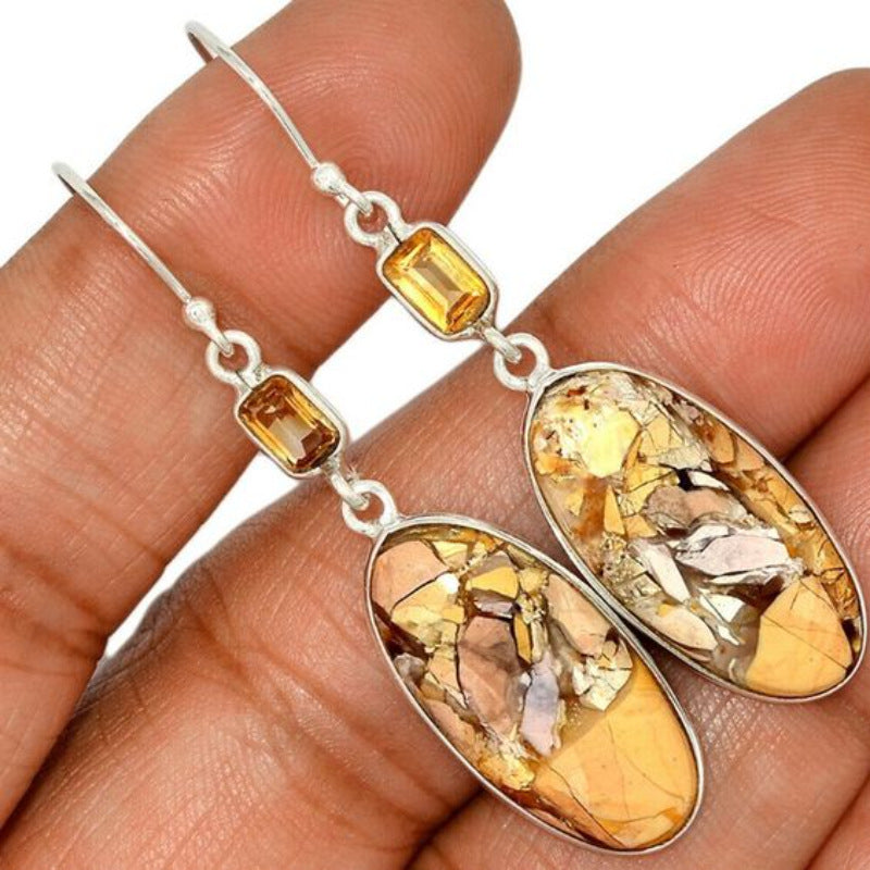 Oval Yellow Glazed Stone with Faux Citrine Dangle Earrings 