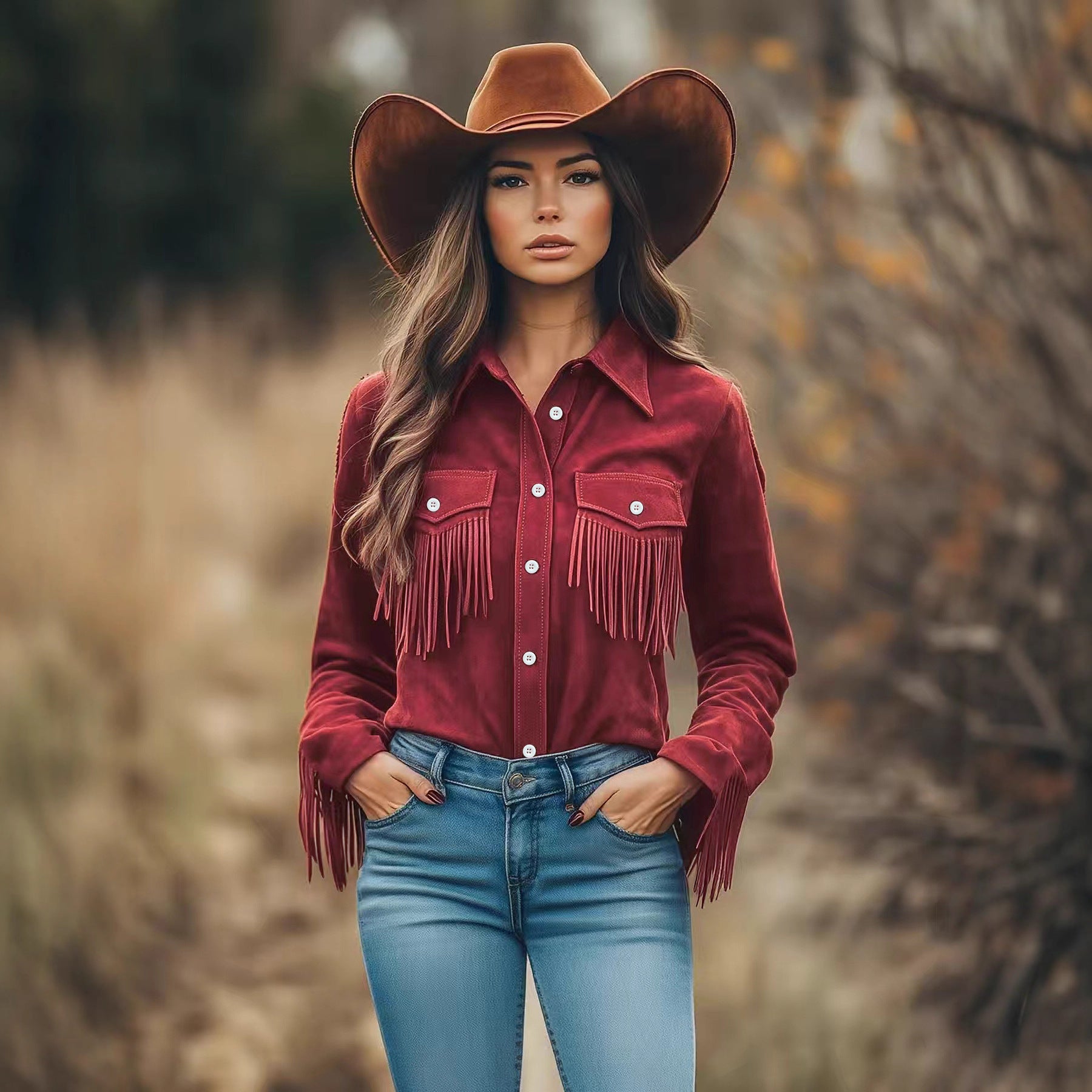 Red PU Suede Fringe Long Sleeve Shirt