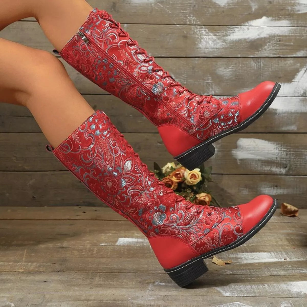 Red PU Zip and Lace Up Low Block Heel Paisley Boots